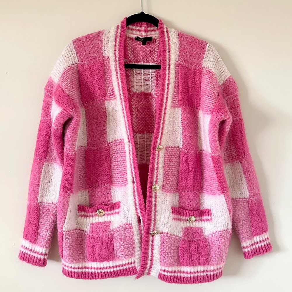 Maje My Square Checkered Jacquard Cardigan in pink size 1/ Small